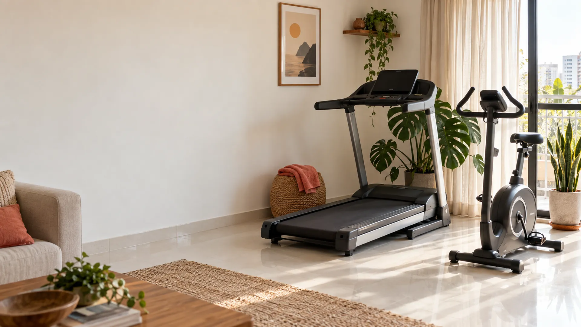 Sala de apartamento com uma esteira e uma bicicleta ergométrica